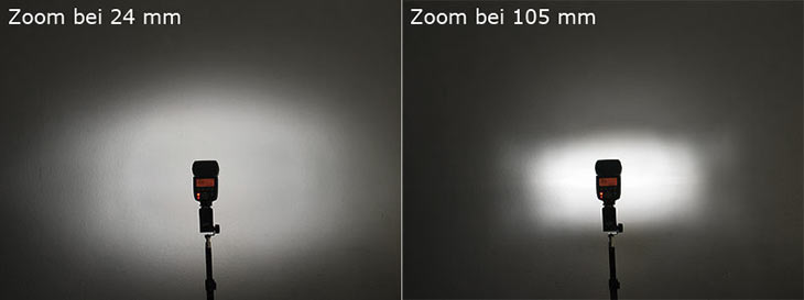 Vergleichsbild: Lichtschein auf einer Wand, einmal mit engem Lichtkegel, einmal mit weitem