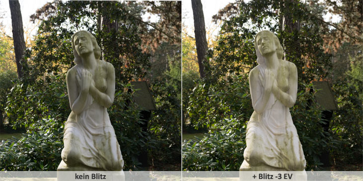 Vergleichsfoto einer Skulptur, welche einmal ohne Blitz und danach mit Blitzlicht fotografiert wurde.