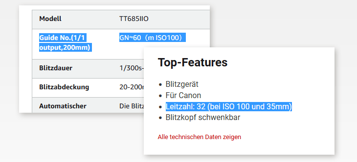 Bildschirmfoto von zwei Produktbeschreibungen mit markiertem Text